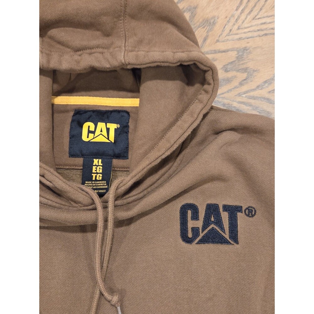 CAT Caterpillar Men's XL Heavyweight Fleece Pullover Hoodie Brown Workwear Logo - Picture 2 of 8